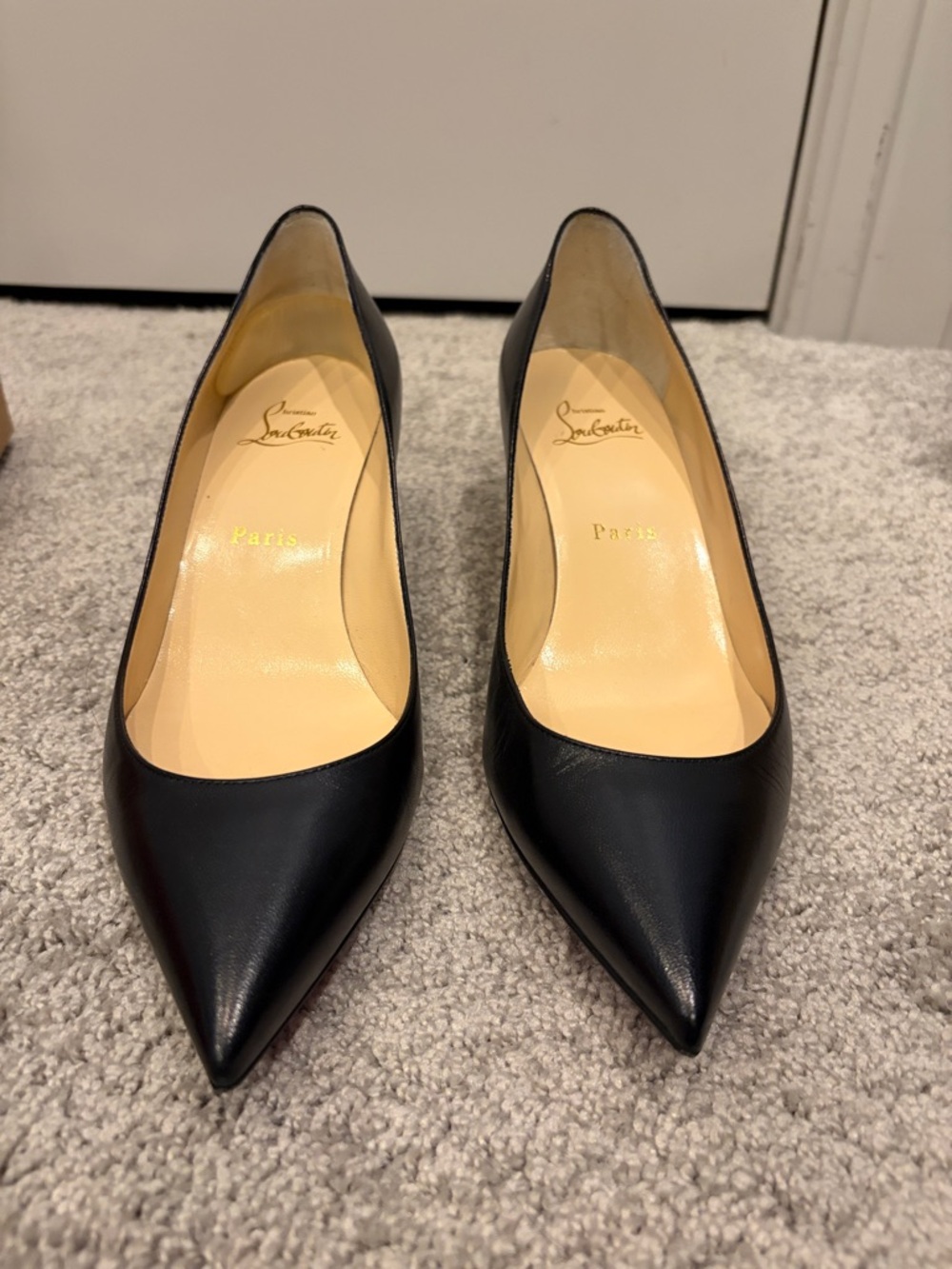 Christian Louboutin Black Leather Pointed Pumps with Red Sole